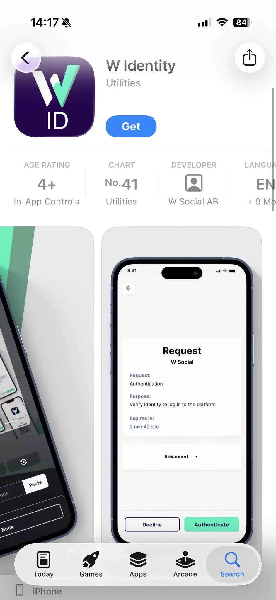 The App Store page for "W Identity“. The current screenshot shows an authentication request for "W Social," including details like the purpose, a countdown timer for expiration, and options to decline or authenticate the request.