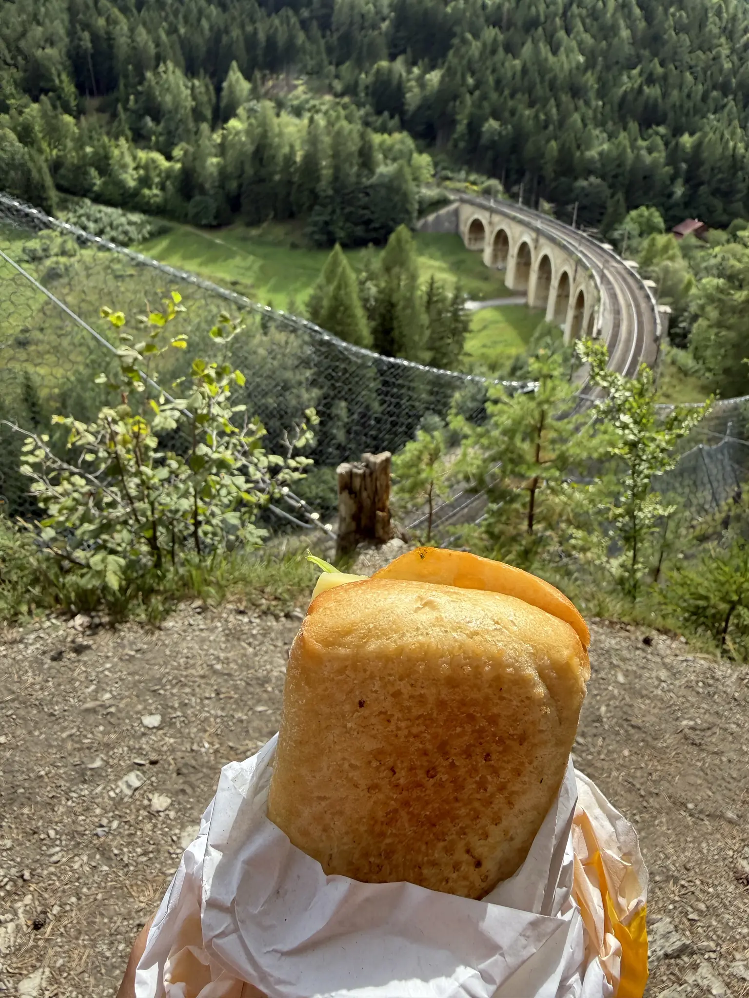 Eine Mozarella Ciabatta mit Blick aufs Adlitzgrabenviadukt von oben