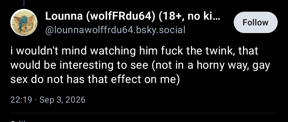 Screenshot of a post by @lounnawolffrdu64.bsky.social: "i wouldn't mind watching him fuck the twink, that would be interesting to see (not in a horny way, gay sex does not has that effect on me)