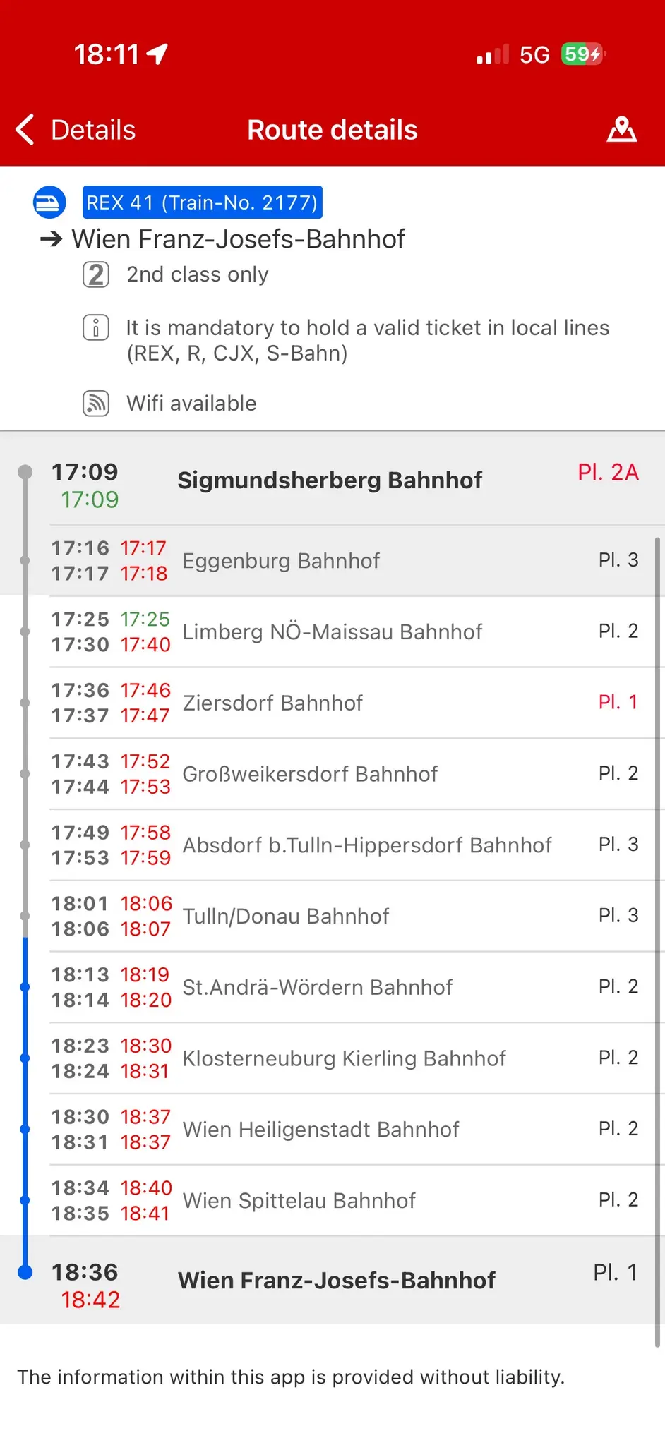 Fahrplan mit Echtzeitdaten in Scotty vom REX41 nach Wien Franz-Josefs-Bahnhof mit Abfahrt 17:09 in Sigmundsherberg, Zugmummer 2177