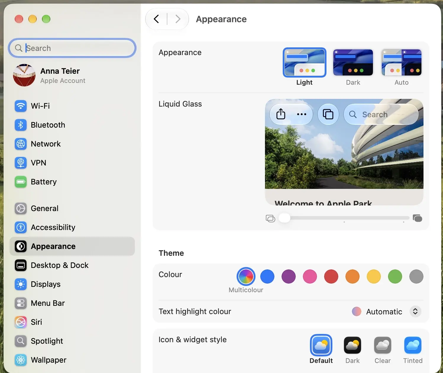 Settings App of macOS Golden Gate on the “Appearance Page” showing off the new design language featuring more skeuomorphic elements and a transparency slider (which I’ve set to full transperancy)