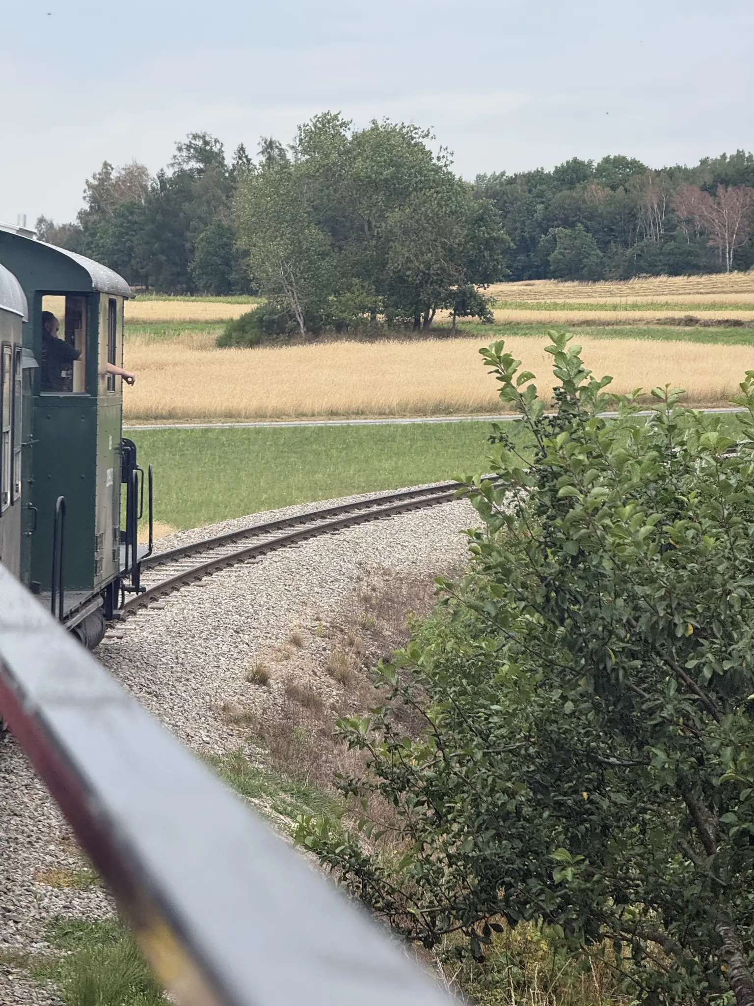 Foto aus dem Cabrio-Wagen des Wackelsteinexpress nach vorne während der Zug in einem Bogen ist. Man sieht deshalb die Lok und wie der Lokführer seinen rechten Arm beim Fenster hinaushält. Die Umbegung ist rechts ein Strauch, hinter der Eisenbahnfelder und Wald im Hintergrund